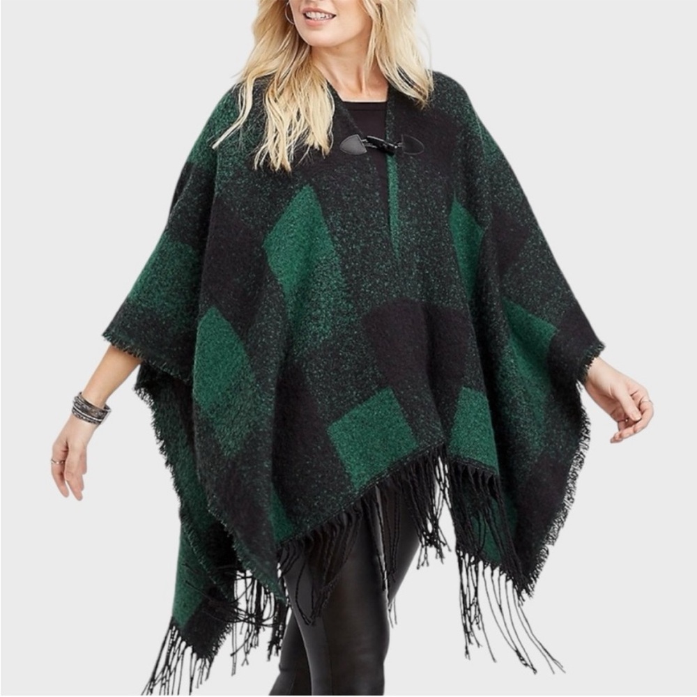 Maurices Women’s Green Black Plaid Fringe Open Front Poncho One Size